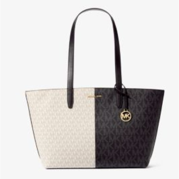 NWT MICHAEL Michael Kors Jet Set Travel Medium Two Tone Logo Tote Bag Black - Picture 1 of 15